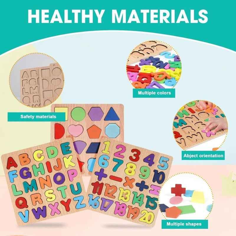 Wooden Learning Educational ABCD Board for Kids, Activity Toys for Toddlers & Preschoolers | ABCD Puzzle Set | Puzzle Toys for 2 Years Old Boys & Girls (Alphabets, Numbers & Shapes)