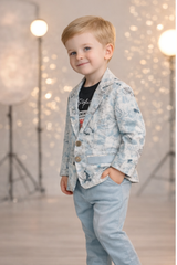 Boys Blue Printed Blazer Outfit with T-Shirt & Pants -