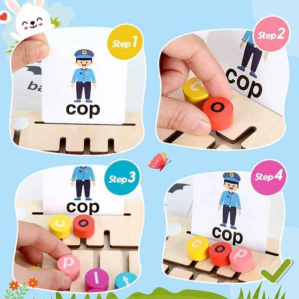Wooden Vowel Letters Spelling Game | Montessori Alphabet Learning Toy with Flash Cards | Educational Sight Word Puzzle for Kids | Fine Motor Skill & Reading Development Toy
