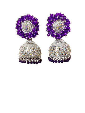 Purple Beaded Silver Jhumka Earrings