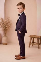 Boys 3-Piece Formal Suit Set with Bow Tie Wine| Premium Party Wear Blazer, Waistcoat & Pants for Kids - Zustenjoy.com