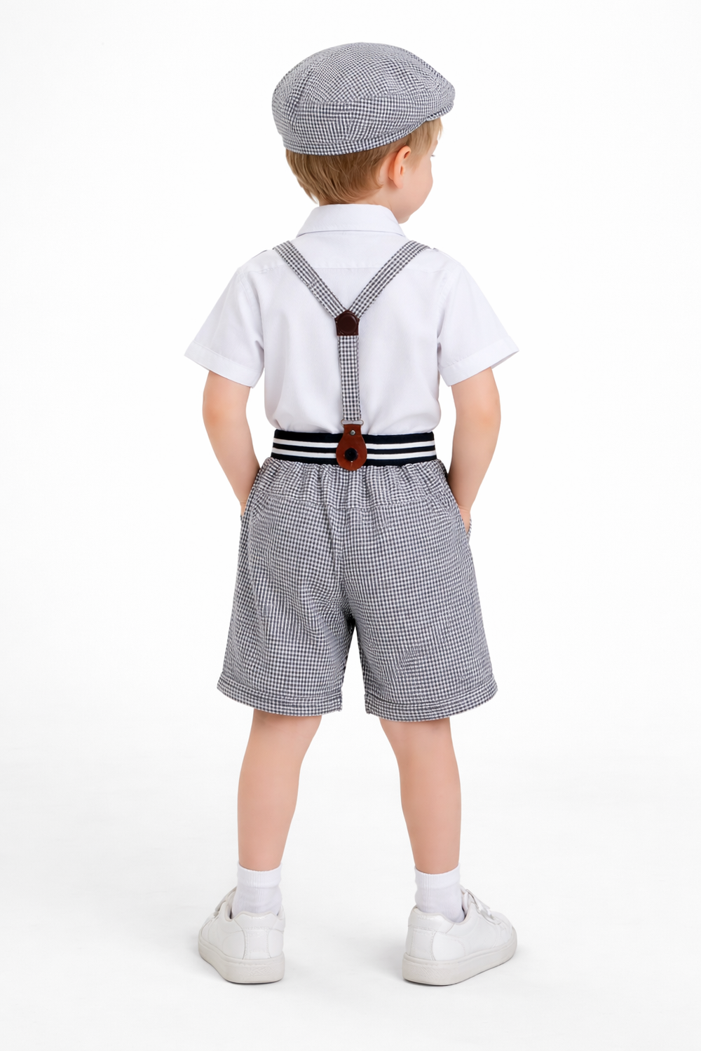 Boys Black & White Suspender Outfit Set with Cap & Bow Tie | Kids Vintage Party Wear Dress - Zustenjoy.com