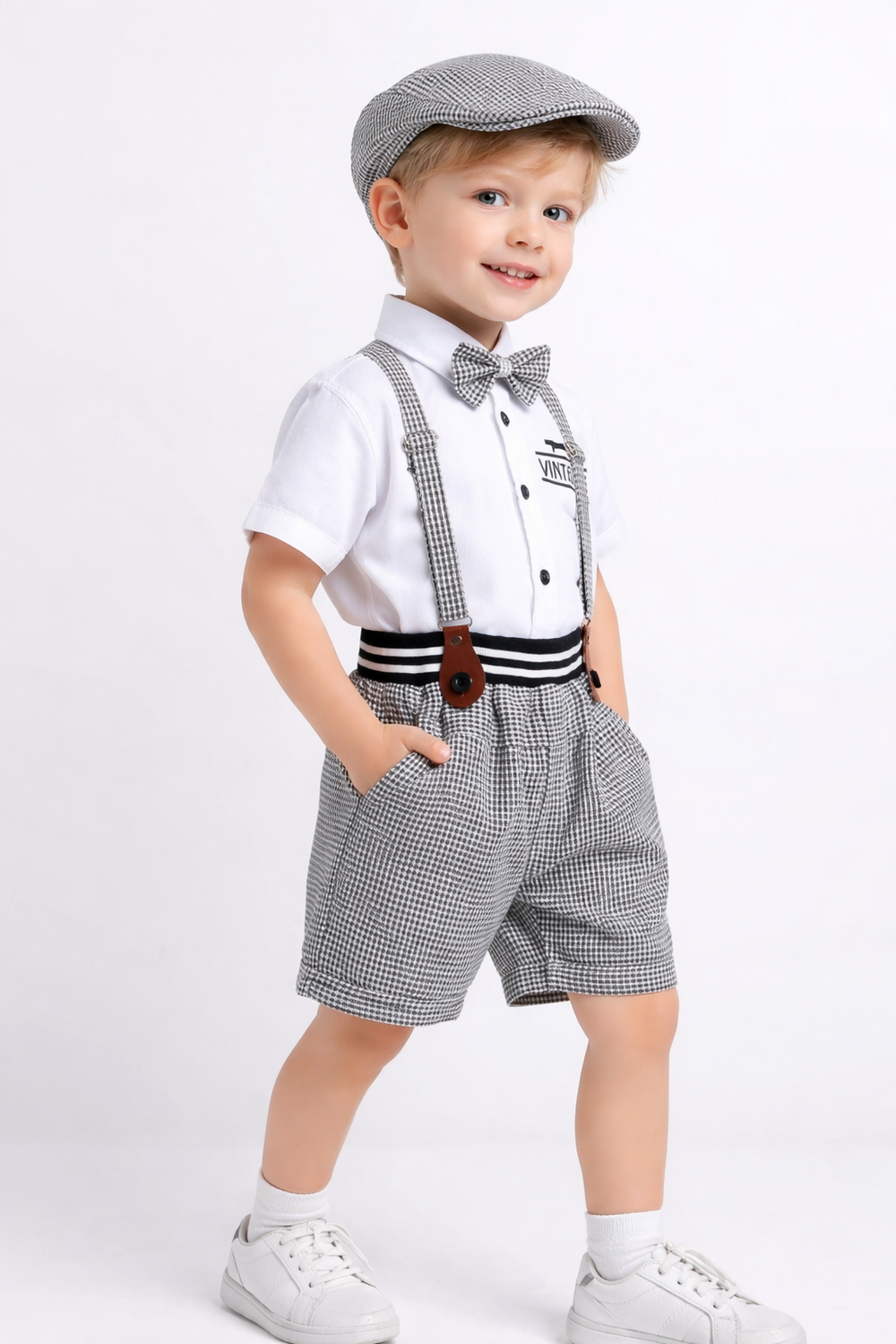 Boys Black & White Suspender Outfit Set with Cap & Bow Tie | Kids Vintage Party Wear Dress - Zustenjoy.com