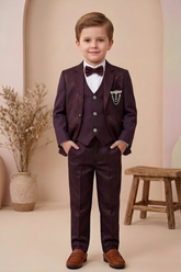 Boys 3-Piece Formal Suit Set with Bow Tie Maroon| Premium Party Wear Blazer, Waistcoat & Pants for Kids - Zustenjoy.com