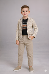 Boys Printed Blazer Outfit with T-Shirt & Pants Beige - Zustenjoy.com