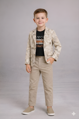 Boys Printed Blazer Outfit with T-Shirt & Pants Beige