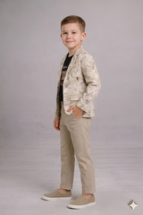 Boys Printed Blazer Outfit with T-Shirt & Pants Beige
