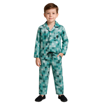 Dark-green-Kids' Geometric Cotton Night Dress-with-model
