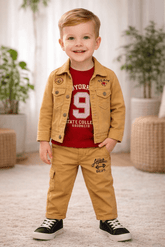 Boys Denim Jacket Set with T-Shirt and Pants in Brown | Trendy Kids Casual Wear Outfit - Zustenjoy.com