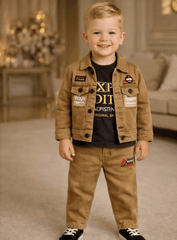 Boys Denim Jacket Set with T-Shirt & Pants in Brown | Stylish Kids Casual Wear Outfit - Zustenjoy.com