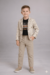 Boys Printed Blazer Outfit with T-Shirt & Pants in Beige - Zustenjoy.com