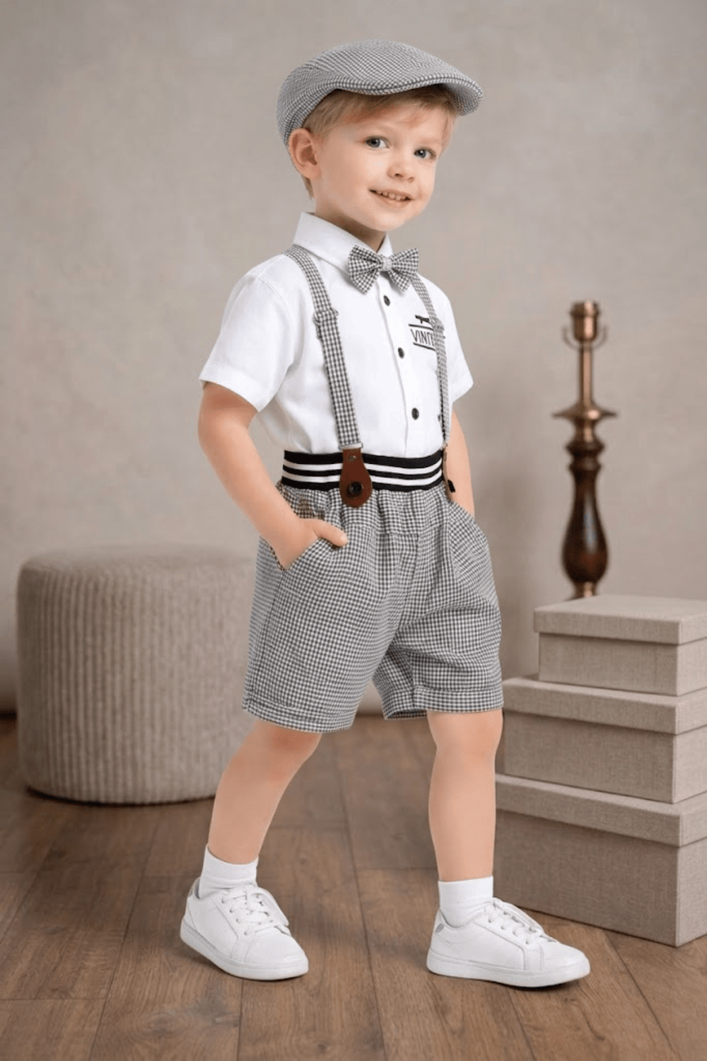 Boys Vintage Suspender Outfit Set with Cap & Bow Tie | Black & White Kids Party Wear Dress - Zustenjoy.com