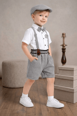 Boys Vintage Suspender Outfit Set with Cap & Bow Tie | Black & White Kids Party Wear Dress - Zustenjoy.com