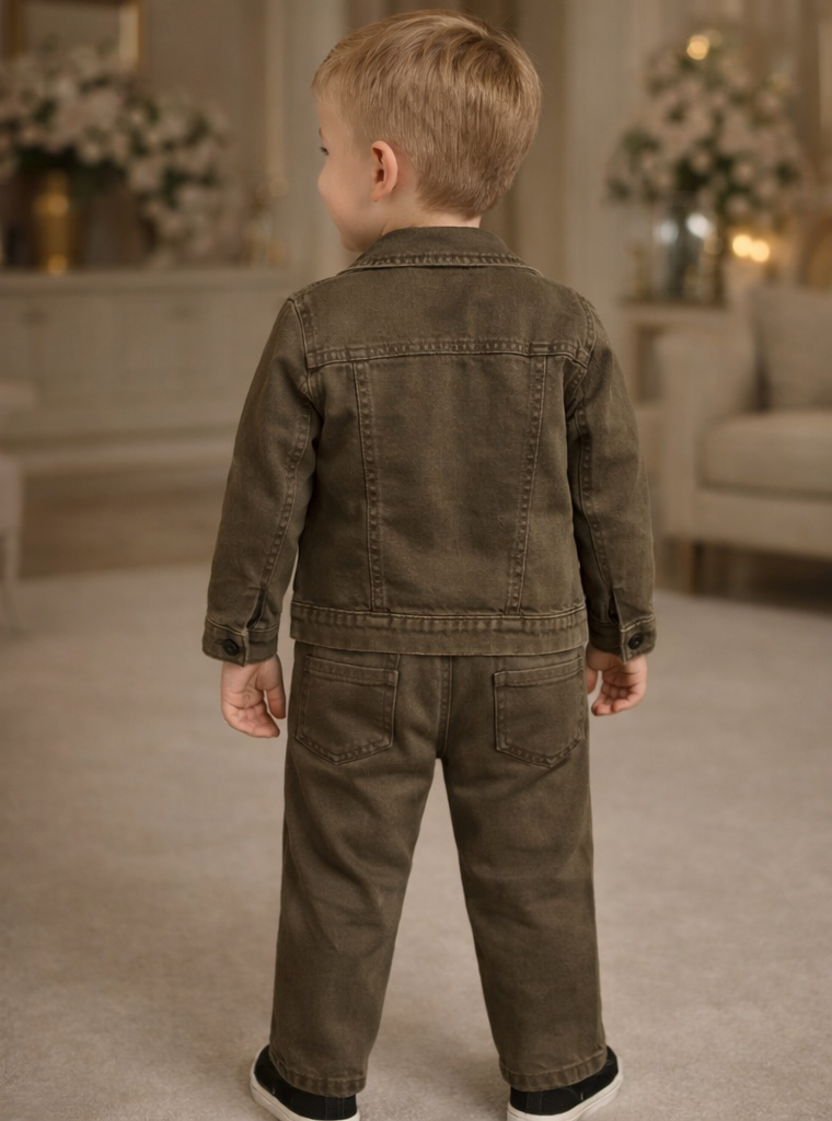 Boys Denim Jacket Set with T-Shirt & Pants Brown | Kids Casual Wear Outfit - Zustenjoy.com