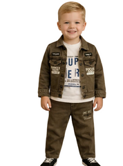 Boys Denim Jacket Set with T-Shirt & Pants Brown | Kids Casual Wear Outfit - Zustenjoy.com