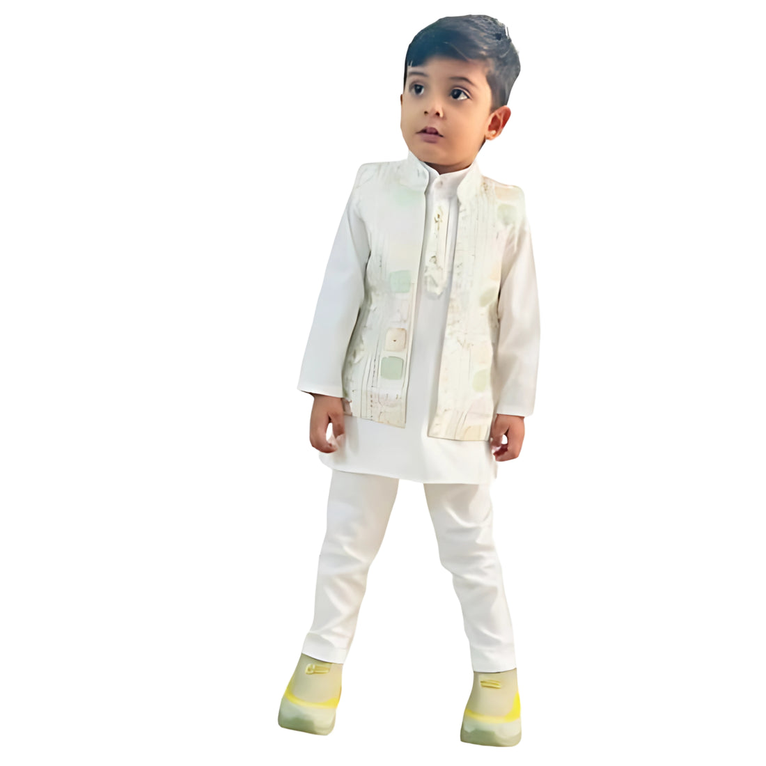 Child wearing a traditional white outfit with a vest on a white background