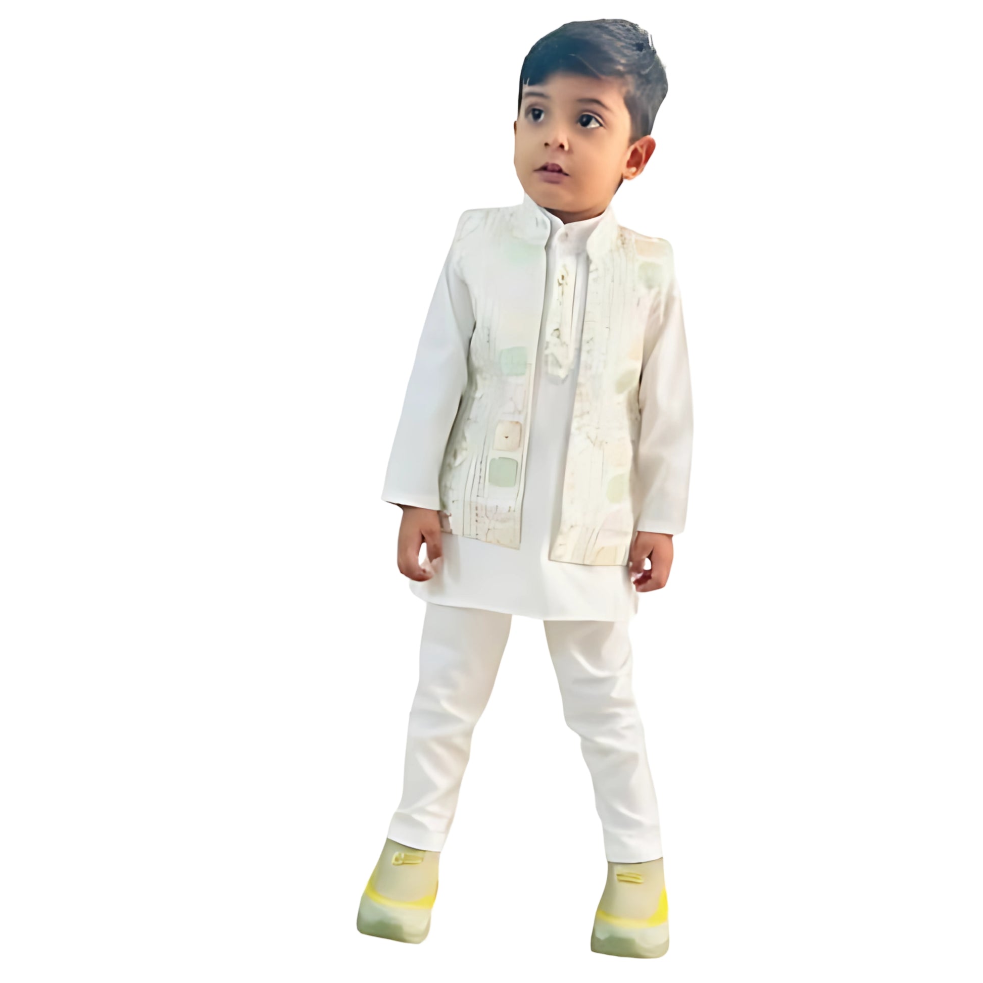 Child wearing a traditional white outfit with a vest on a white background