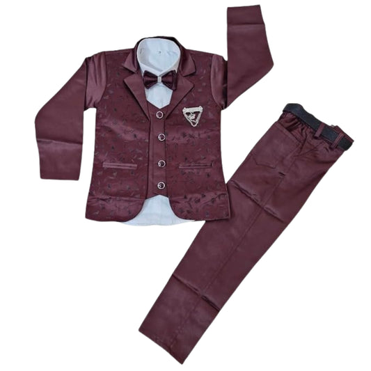 Boys’ 5-Piece Formal Maroon Suit Set – Coat, Shirt, Pants, Belt & Bow Tie