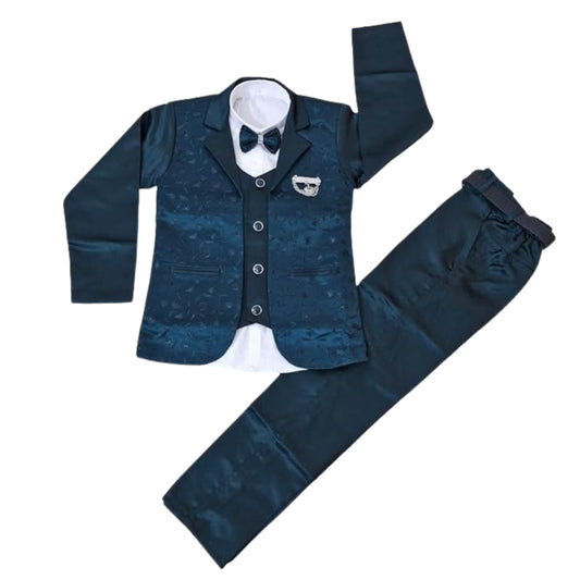 Boys’ 5-Piece Formal Dark Green Suit Set – Coat, Shirt, Pants, Belt & Bow Tie
