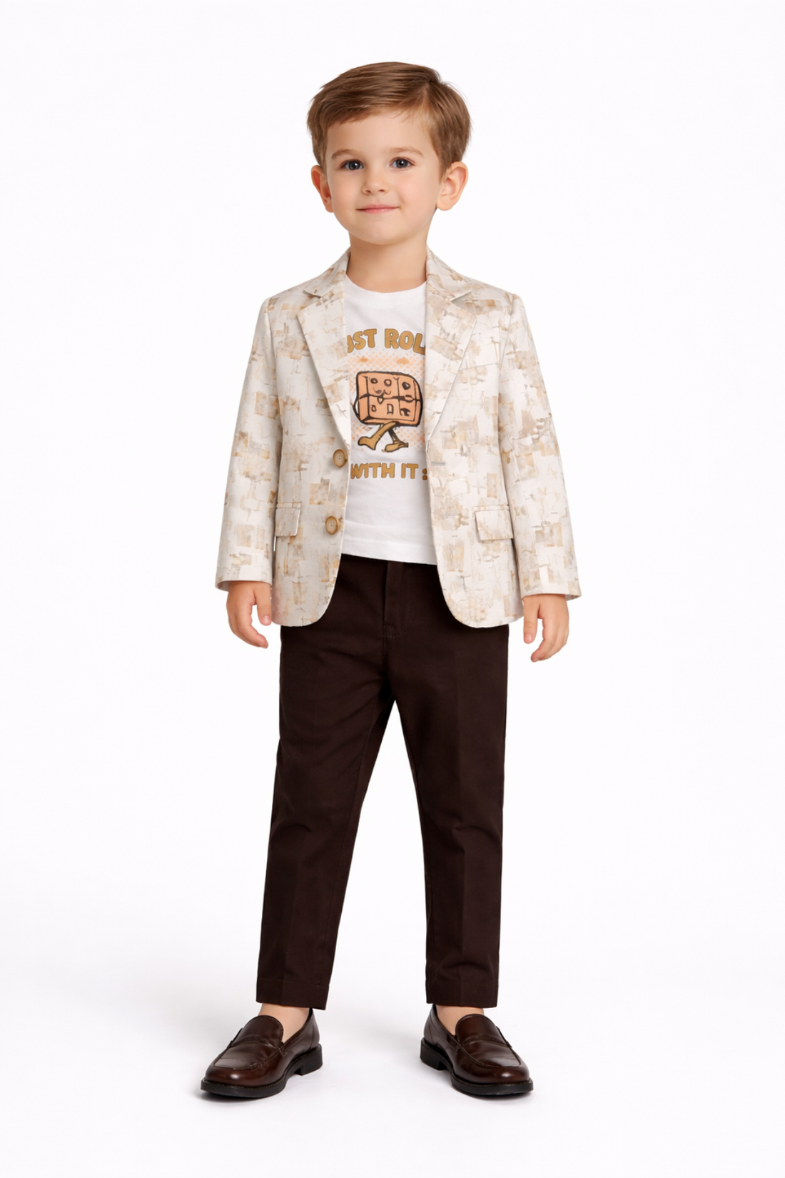 Boys Beige Printed Blazer Outfit with T-Shirt & Pants -