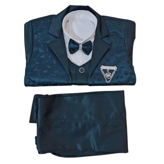 Boys’ 5-Piece Formal Dark Green Suit Set – Coat, Shirt, Pants, Belt & Bow Tie