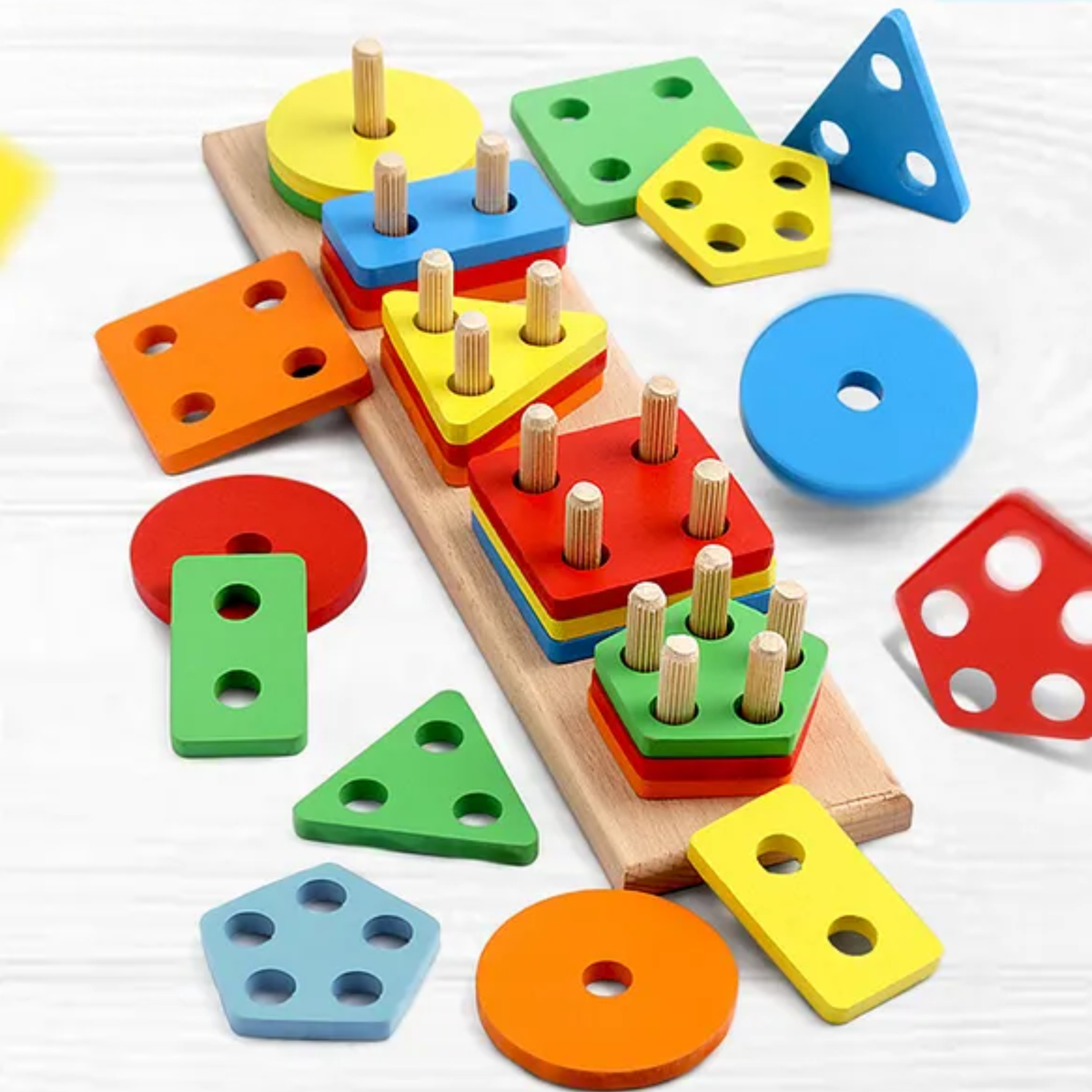 Wooden Shape Sorting & Stacking Puzzle Board Montessori Toy for Toddlers 1+ Years | Colourful Geometric Shape Sorter Peg Board - Zustenjoy.com