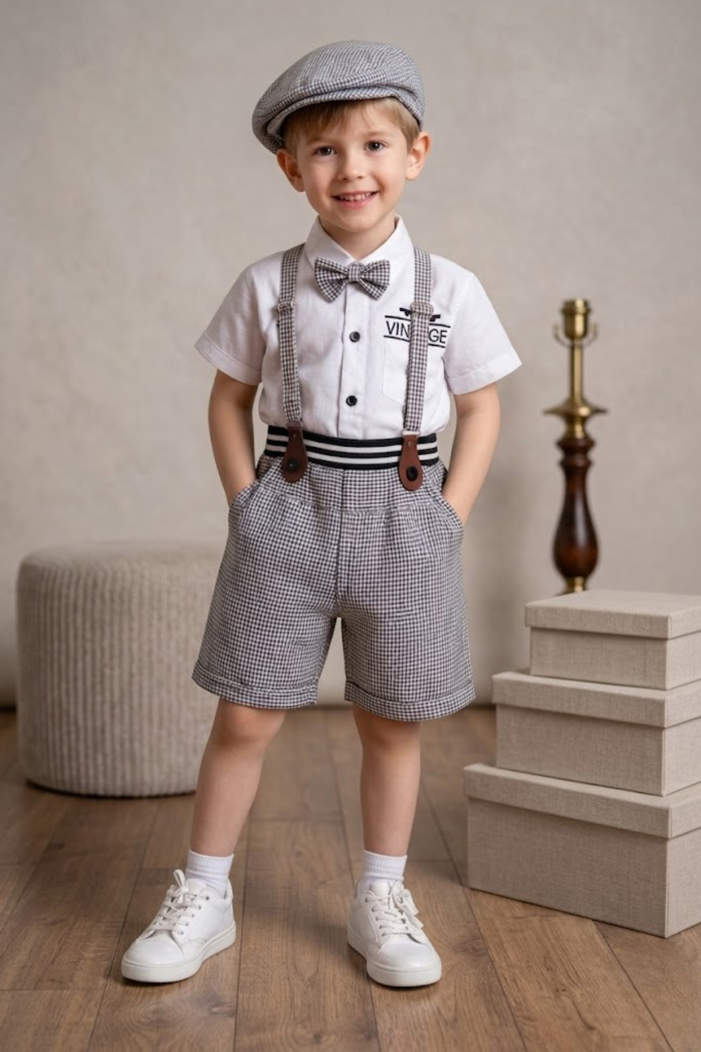 Boys Black & White Suspender Outfit Set with Cap & Bow Tie | Kids Vintage Party Wear Dress - Zustenjoy.com
