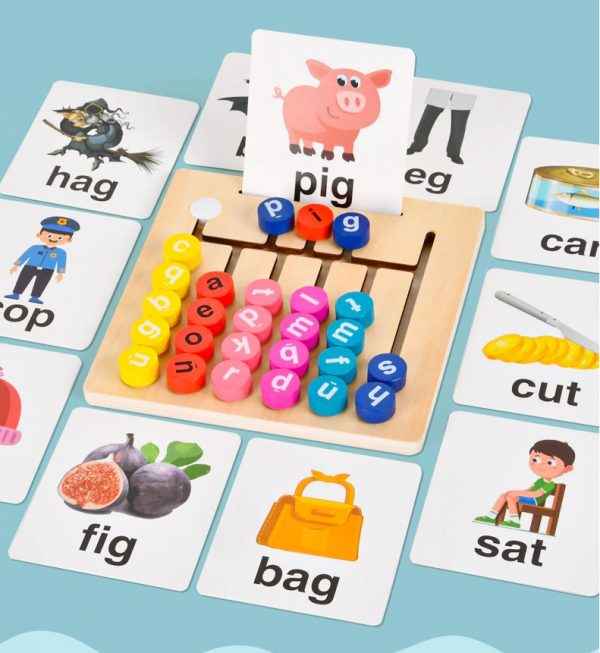 Wooden Vowel Letters Spelling Game | Montessori Alphabet Learning Toy with Flash Cards | Educational Sight Word Puzzle for Kids | Fine Motor Skill & Reading Development Toy