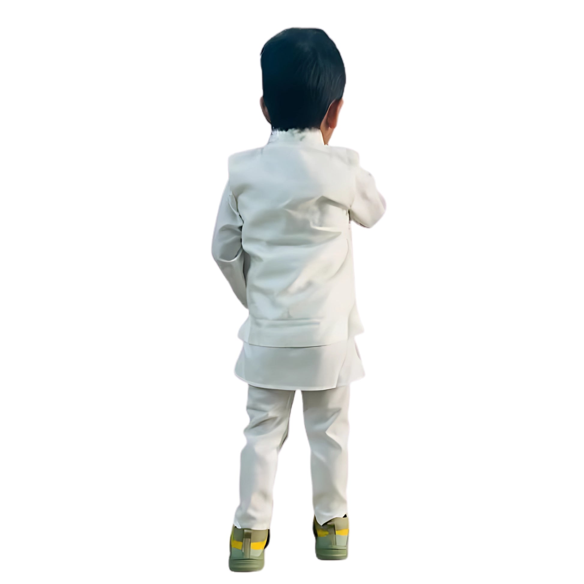 Child wearing a white formal outfit on a white background
