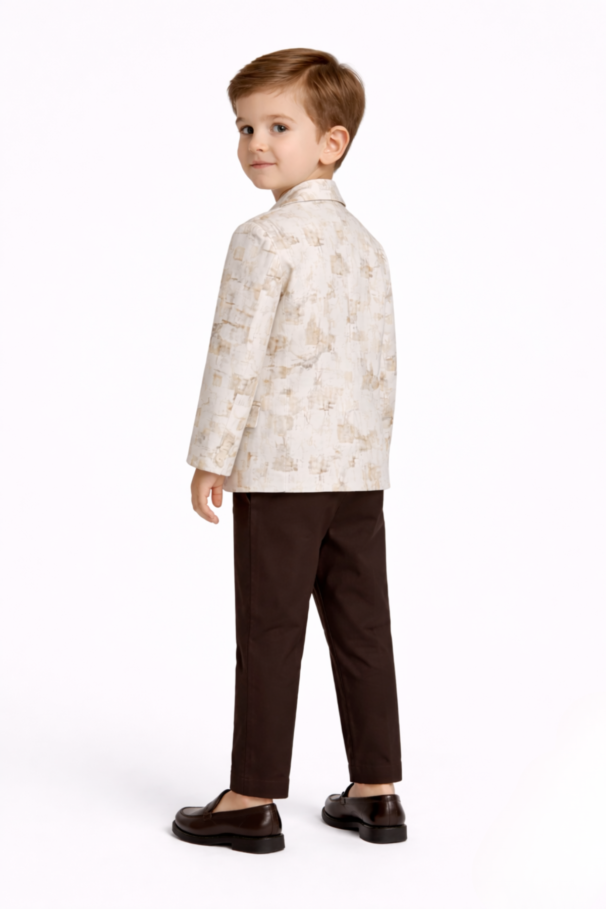 Boys Beige Printed Blazer Outfit with T-Shirt & Pants -