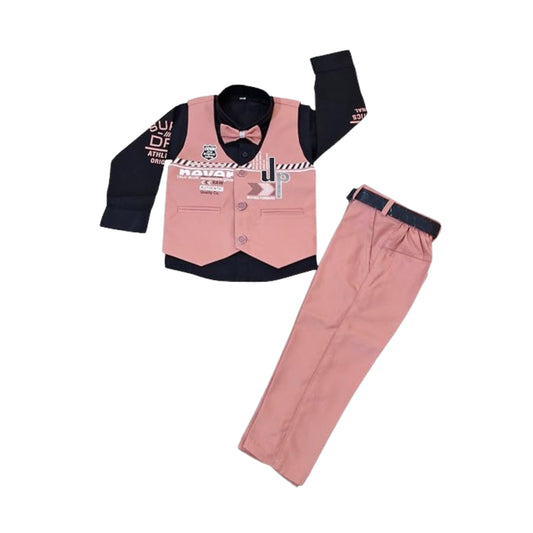 Stylish Pink 5-Piece Outfit for Boys – Shirt, Pant, Belt, Bow Tie & Half Jacket