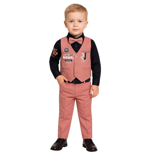 Stylish Pink 5-Piece Outfit for Boys – Shirt, Pant, Belt, Bow Tie & Half Jacket