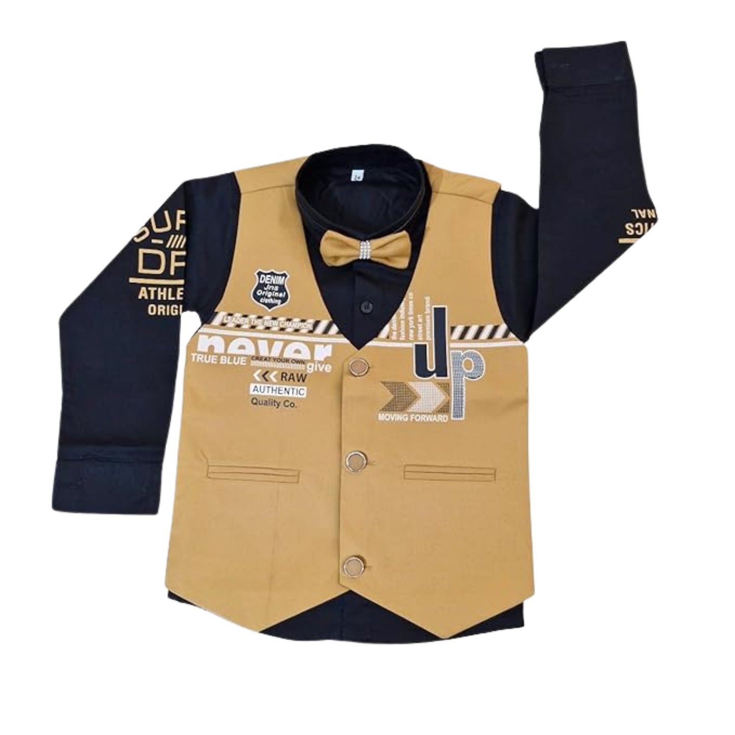 Bright Yellow 5-Piece Combo Outfit for Boys – Shirt, Pant, Belt, Bow Tie & Half Jacket