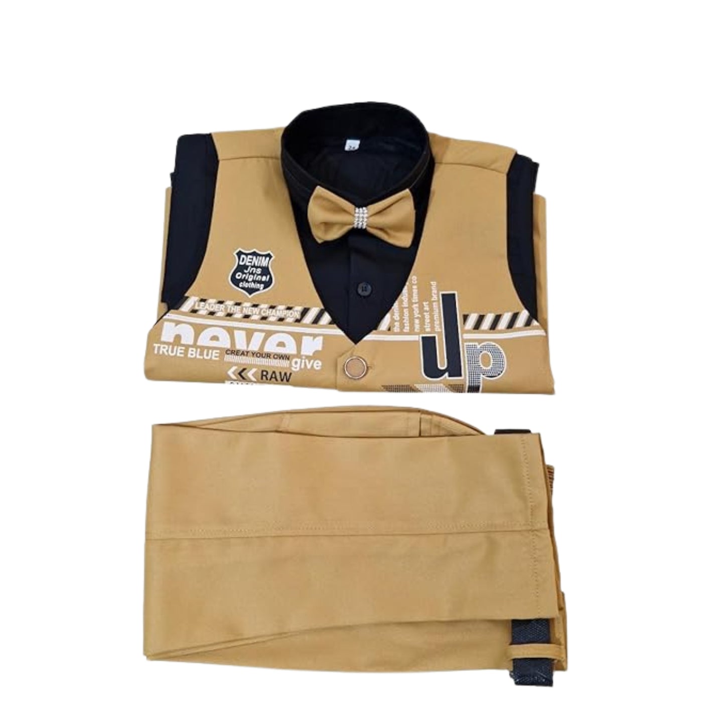 Bright Yellow 5-Piece Combo Outfit for Boys – Shirt, Pant, Belt, Bow Tie & Half Jacket