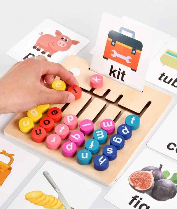 Wooden Vowel Letters Spelling Game | Montessori Alphabet Learning Toy with Flash Cards | Educational Sight Word Puzzle for Kids | Fine Motor Skill & Reading Development Toy
