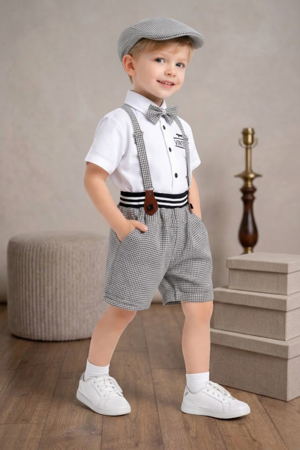 Boys Black & White Suspender Outfit Set with Cap & Bow Tie | Kids Vintage Party Wear Dress