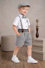 Boys Black & White Suspender Outfit Set with Cap & Bow Tie | Kids Vintage Party Wear Dress - Zustenjoy.com