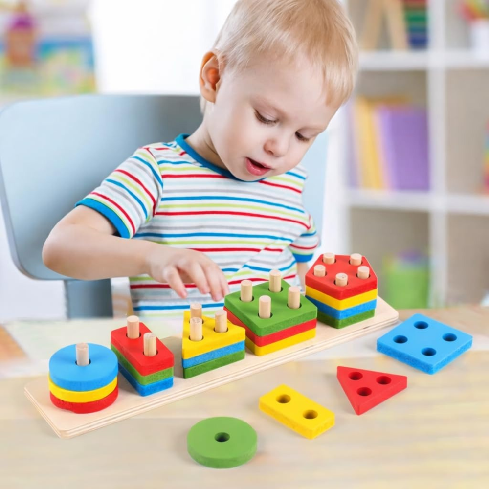 Wooden Shape Sorting & Stacking Puzzle Board Montessori Toy for Toddlers 1+ Years | Colourful Geometric Shape Sorter Peg Board - Zustenjoy.com