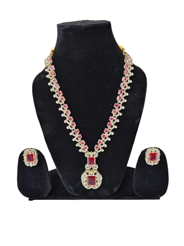 Gold -Plated Necklace with Earring set (Pink)