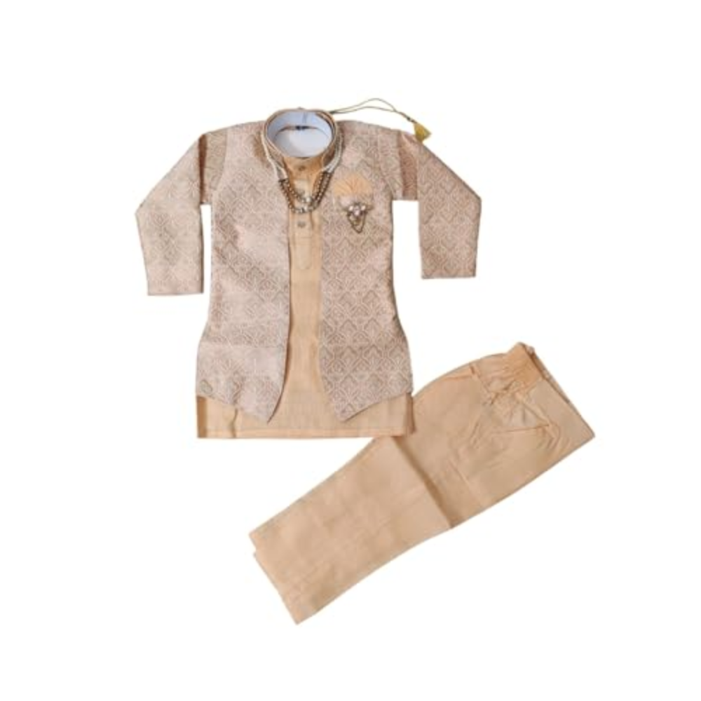 Traditional beige outfit with a shirt and pants on a white background