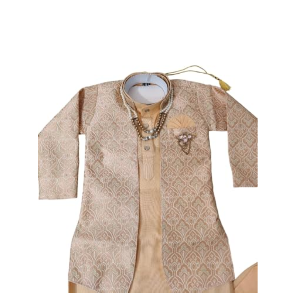Beige embroidered kurta with matching pants on a white background