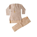Traditional outfit with embroidered top and beige pants on a white background