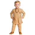 Young boy wearing a traditional beige suit with a necklace on a white background