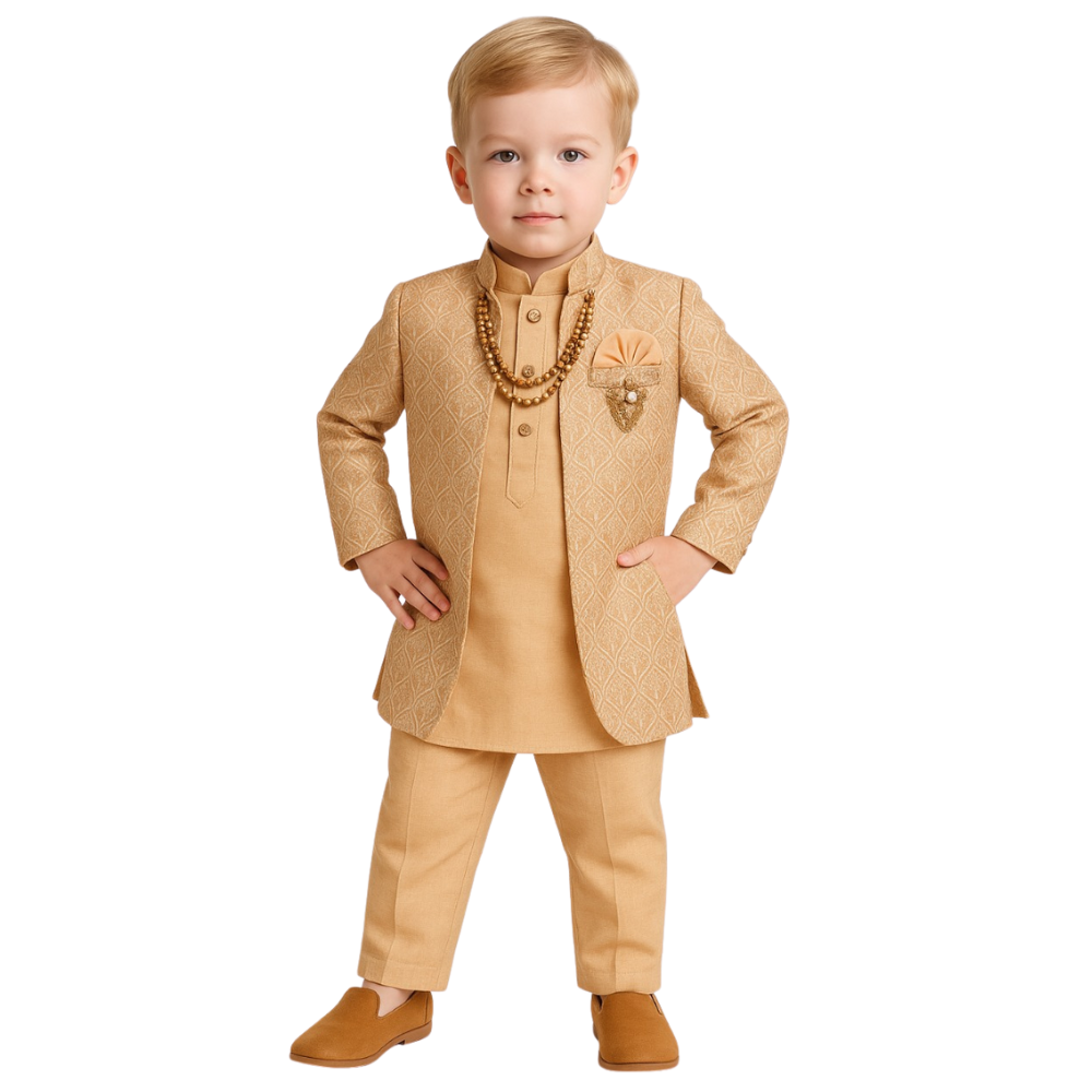 Young boy wearing a traditional beige suit with a necklace on a white background