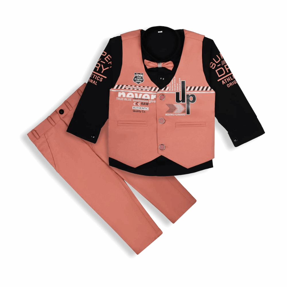 Young boy wearing a formal outfit with a vest and bow tie on a white background