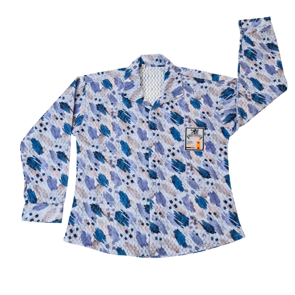Long-sleeve shirt with blue and purple abstract pattern on a white background