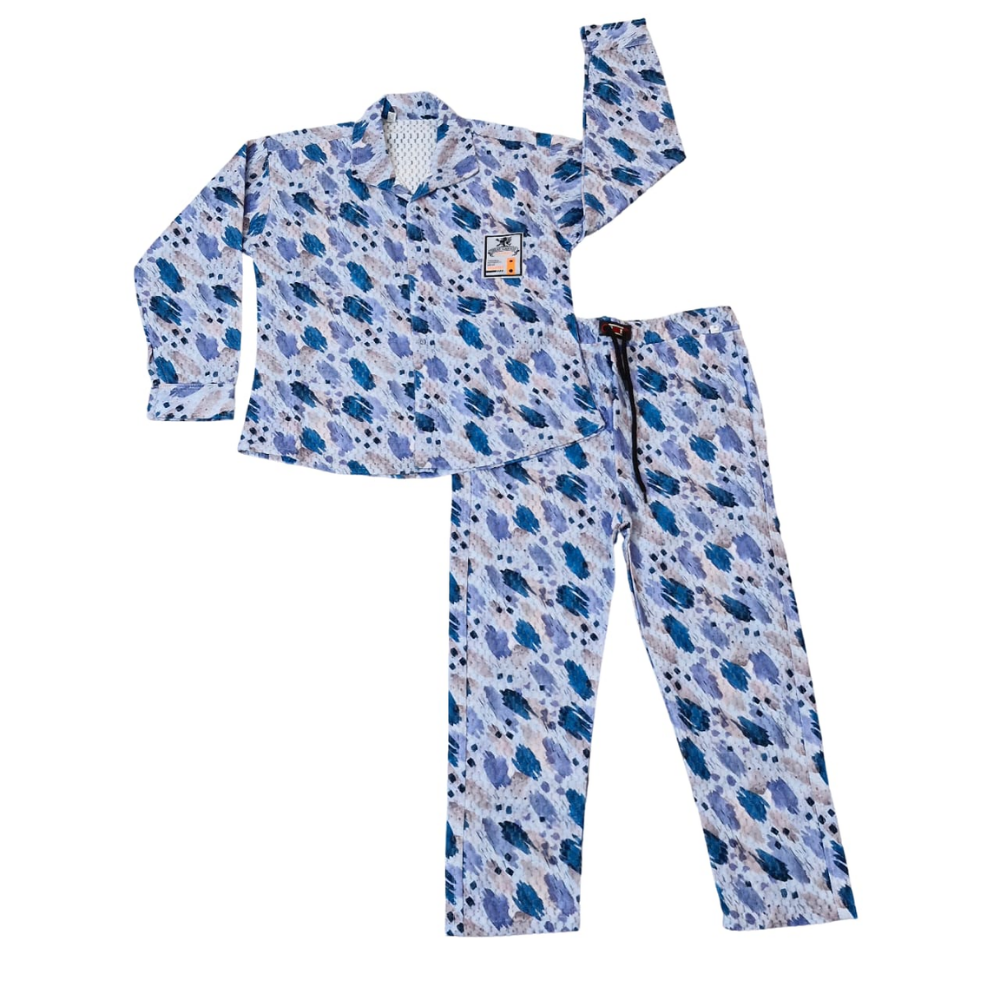 Children's pajama set with blue and white pattern on a white background