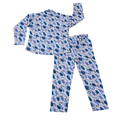 Children's pajama set with blue and white pattern on a white background