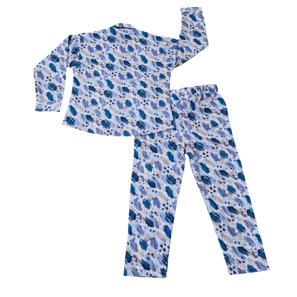 Children's pajama set with blue and white pattern on a white background
