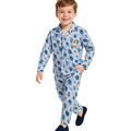 Child wearing a blue and white patterned pajama set on a white background